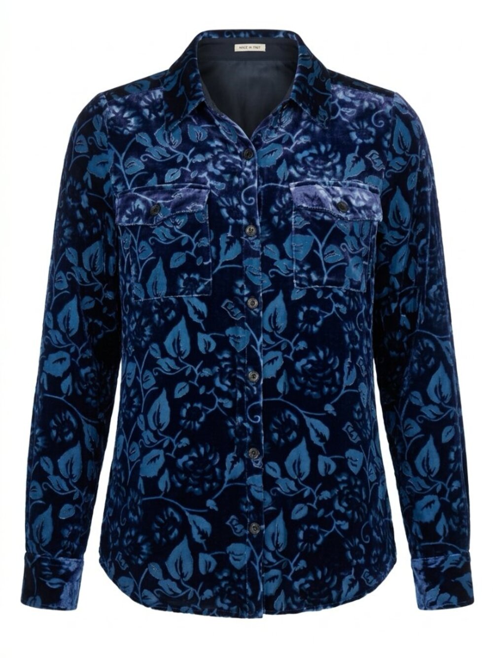 Johnny Was Inspired | Blue Burnout Velvet Floral Blouse | Sheer Button Front